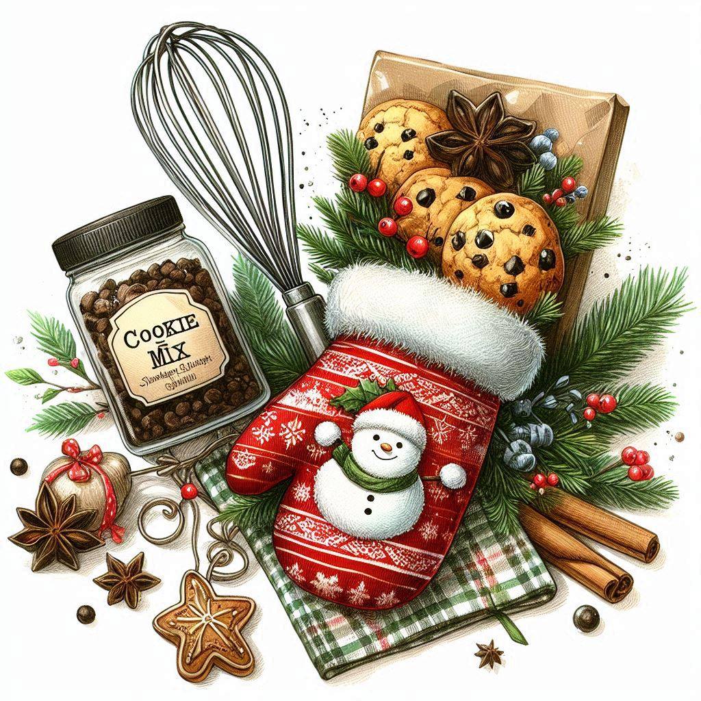 Christmas baking arrangement with cookies, red snowman oven mitt, whisk, spices and pine branches
