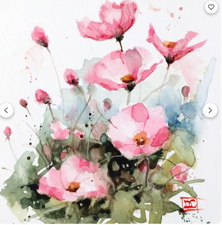 Watercolor painting of pink poppy flowers with green leaves on a white background