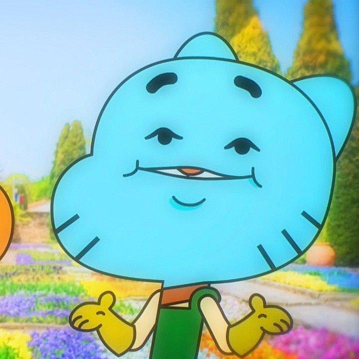 Blue cartoon cat character smiling in a garden with raised hands