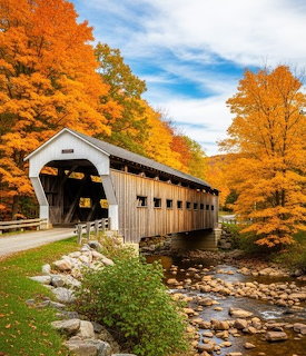 Red covered bridge among colorful autumn trees over a stream in Vermont