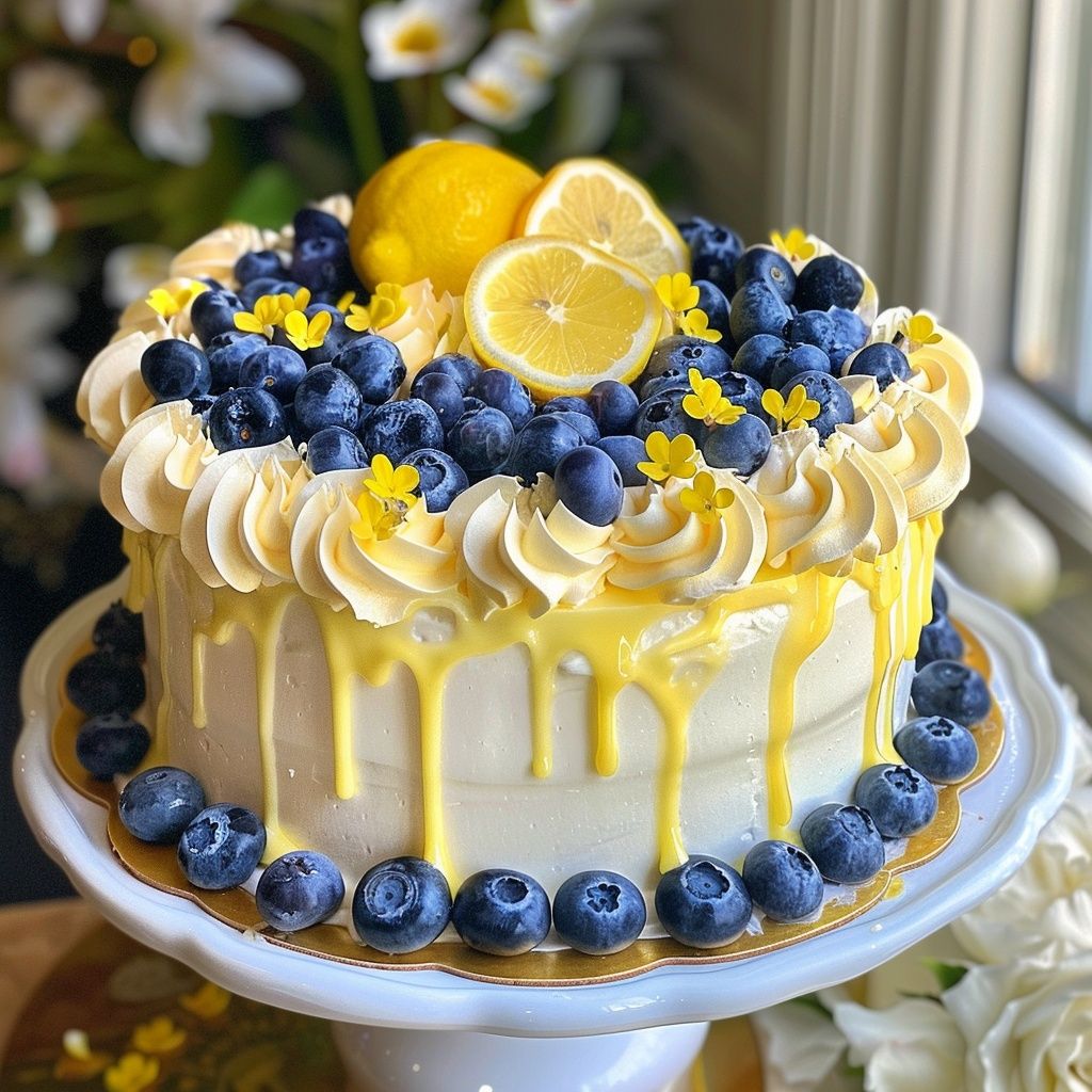 Round layer cake with yellow drip glaze, blueberries, lemon slices, and cream rosettes on white cake stand