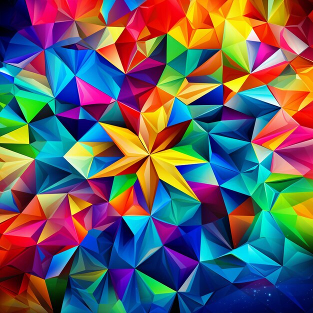 Colorful abstract geometric pattern with triangular polygons in rainbow colors creating a kaleidoscopic 3D effect