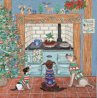 Three dogs in Christmas sweaters sit by a decorated fireplace and tree in a cozy holiday room.