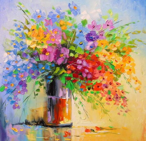 Impressionist painting of colorful wildflowers in glass vase with textured brushwork