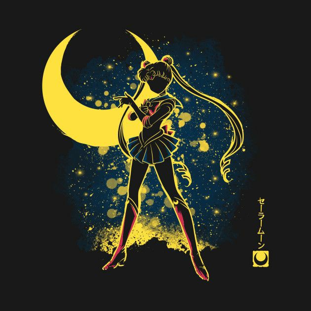 Sailor Moon silhouette with crescent moon and stary dark background in blue and yellow tones