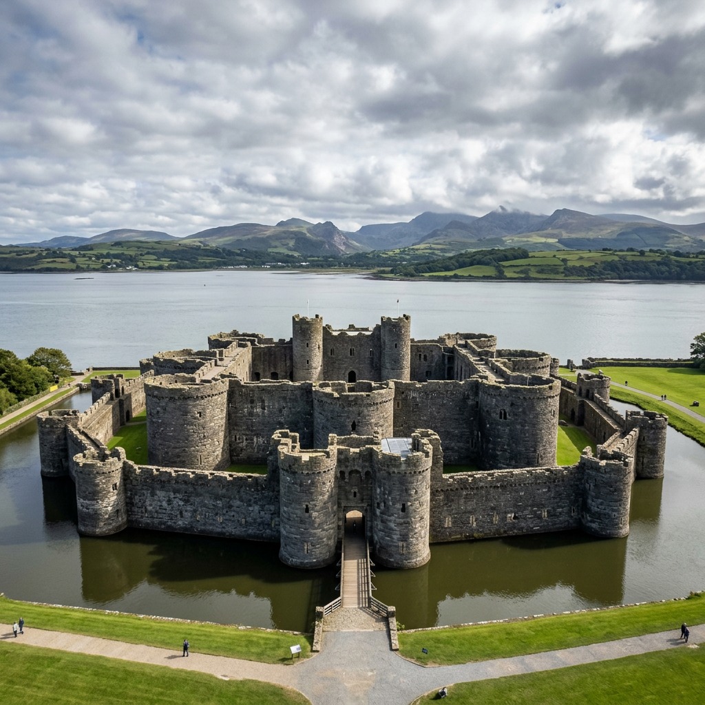 Aerial view of Beaumaris Castle encircled by a moat with distant mountains under cloudy skies
