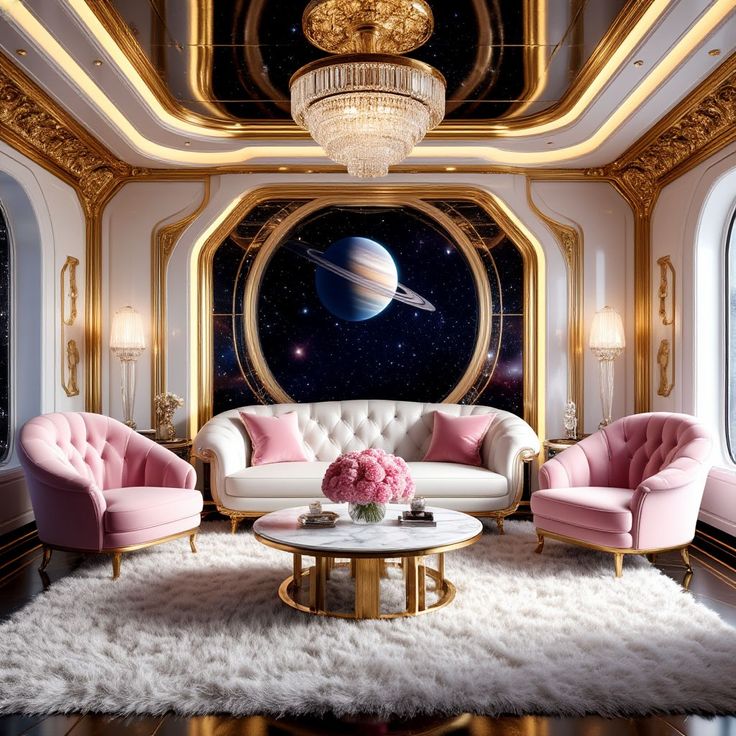 Pink and gold luxury living room with sofa, chairs, chandelier, and a round space view of a ringed planet