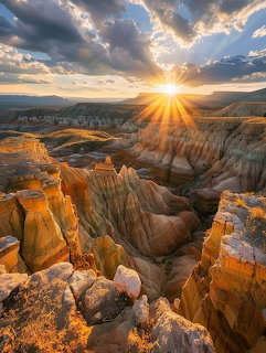 Sunrise casting rays over a desert canyon with eroded rock formations and dramatic clouds