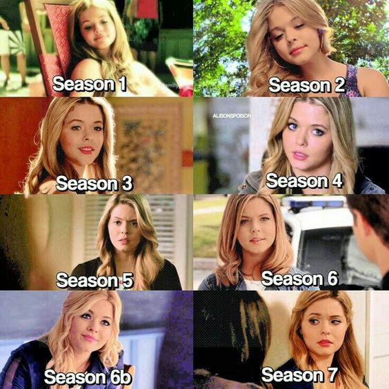 Collage of a blonde woman shown across seven labeled seasons