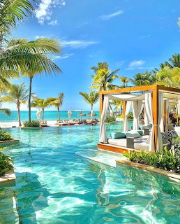 Tropical resort infinity pool with cabanas, palm trees, and ocean in the background