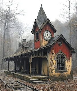 Derelict red railway station with clock tower surrounded by bare trees in fog