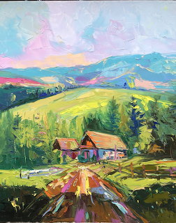 Impressionist painting of cottage on country road with colorful hills and mountains