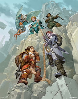 Fantasy illustration showing six adventurers in armor and robes standing on clouds with mountains and castle in background