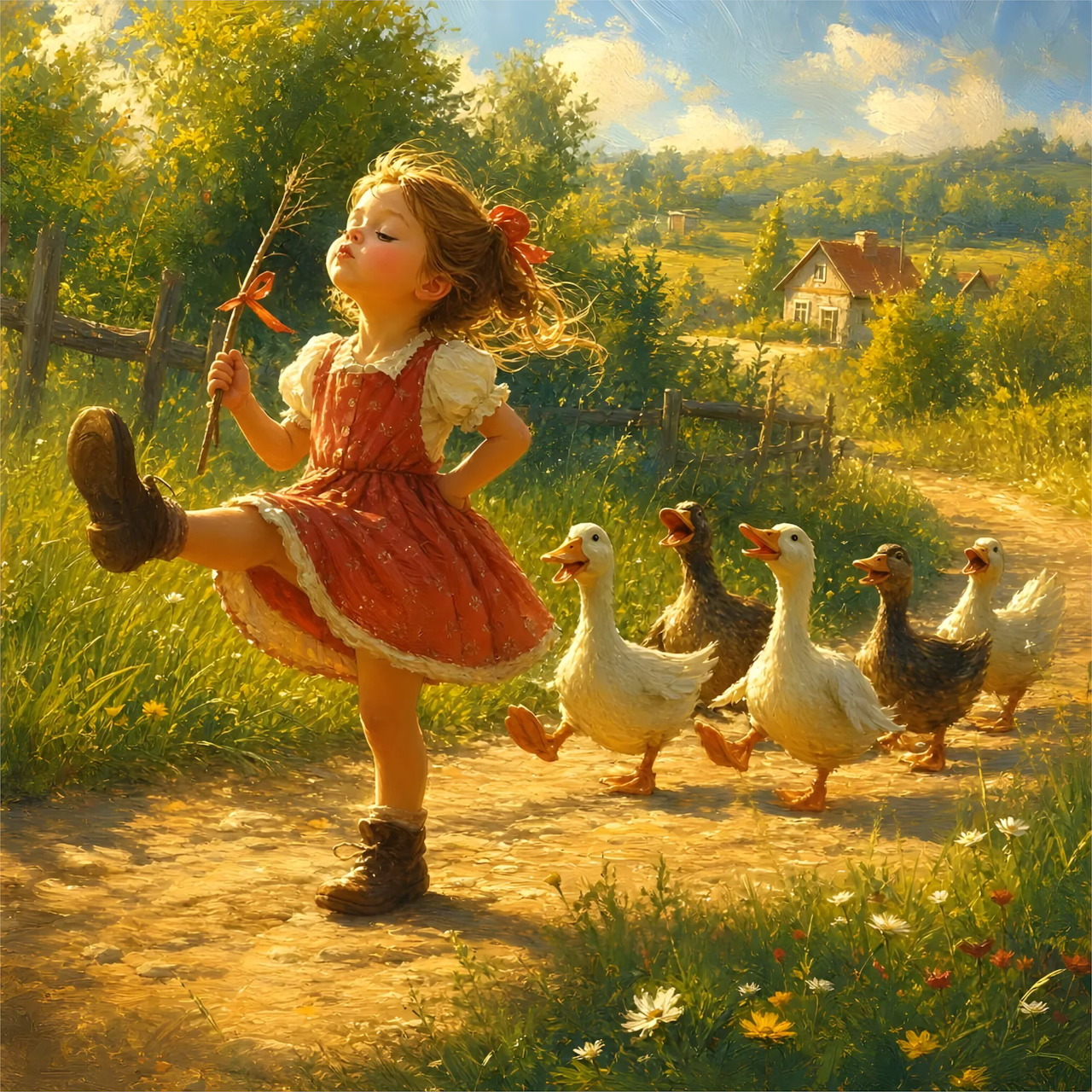 Young girl in a red dress marching on a country path with ducks following behind
