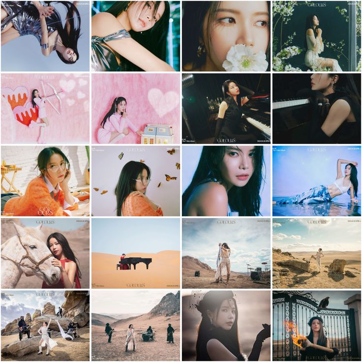 Square collage of artistic portrait photos of women with flowers, piano, desert, and beach scenes