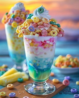 Tall glass with layered rainbow milkshake topped with whipped cream, unicorn figure, and colorful cereal