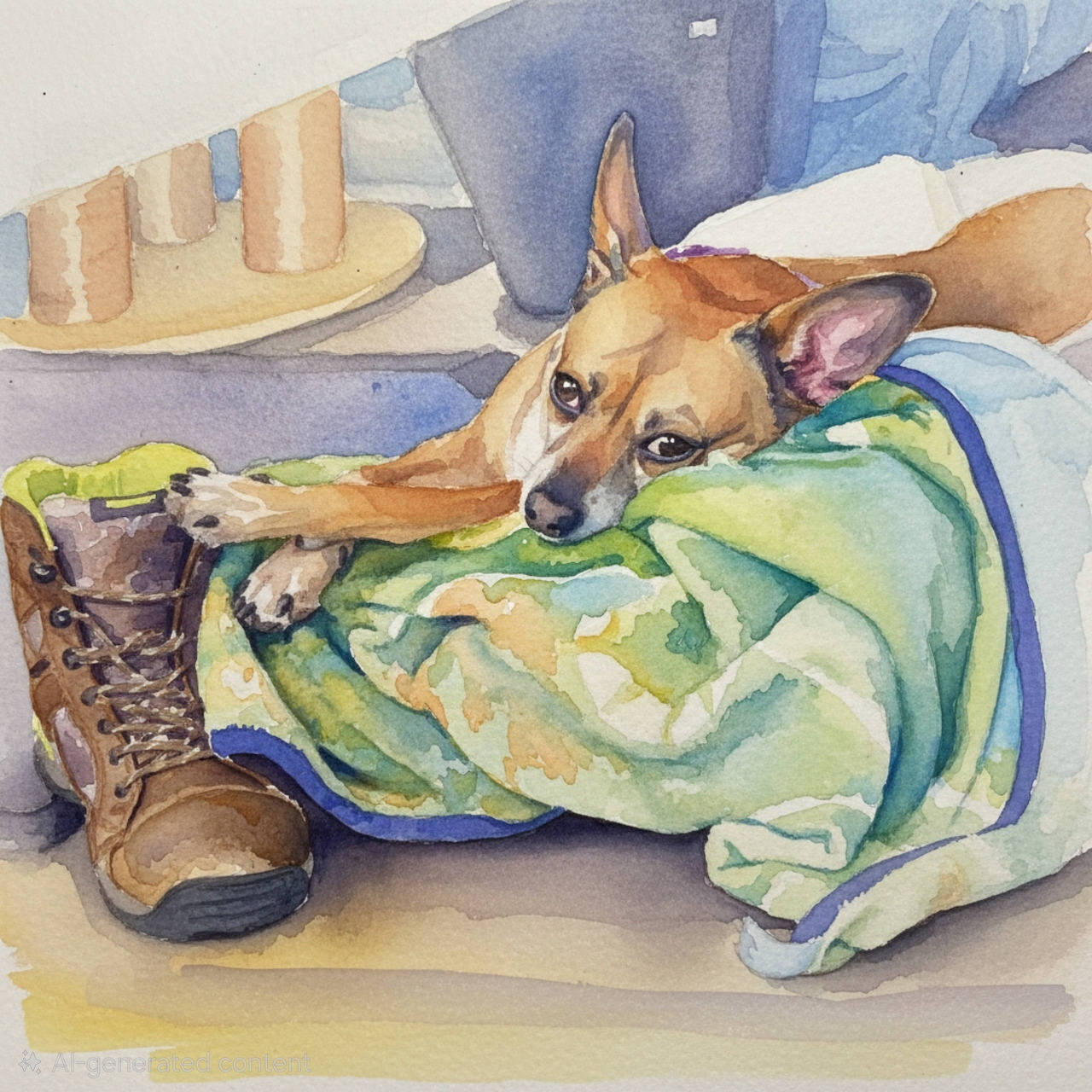 Watercolor painting of a dog lying on a green blanket next to a brown boot