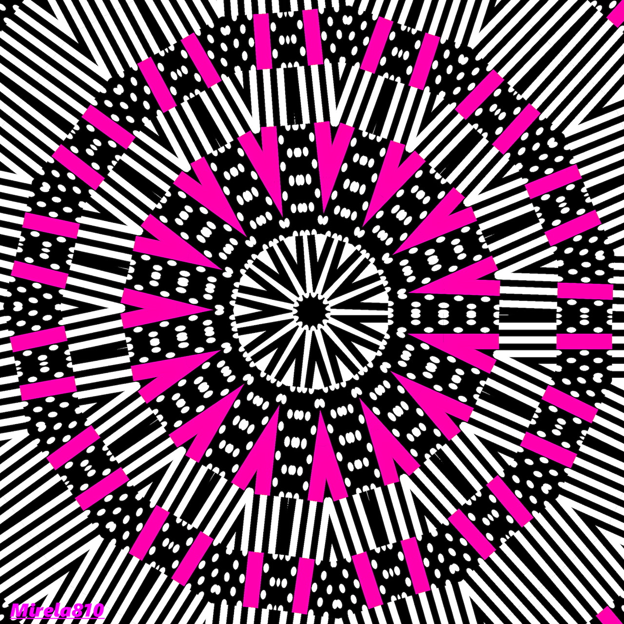 Geometric mandala with radiating black and white stripes and pink angular shapes in a symmetrical pattern