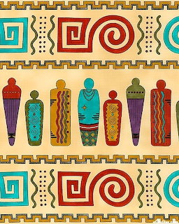Geometric pattern with stylized African figures and tribal decorative borders in red, turquoise, and earth tones