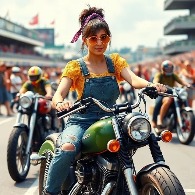 Woman wearing sunglasses seated on green motorcycle at outdoor rally