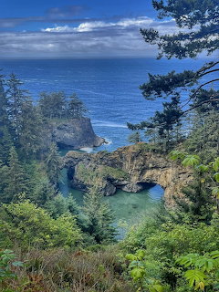 Rocky Oregon coast cove with natural arch, evergreen trees, and turquoise ocean waters