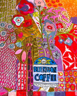 Colorful folk art still life with Blue Ribbon Coffee can, stylized flowers, and fruit in bold patterns