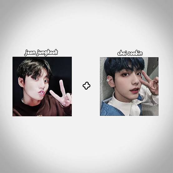 Collage of two K-pop idol portraits with dark hair in casual poses
