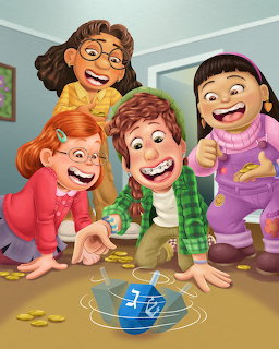 Cartoon illustration of kids and an adult happily playing dreidel with gold coins on a table
