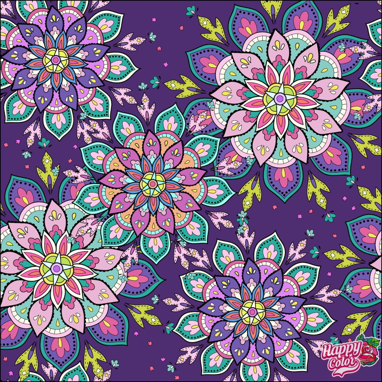 Colorful mandala flowers with intricate petals in pink, purple, and turquoise on purple background