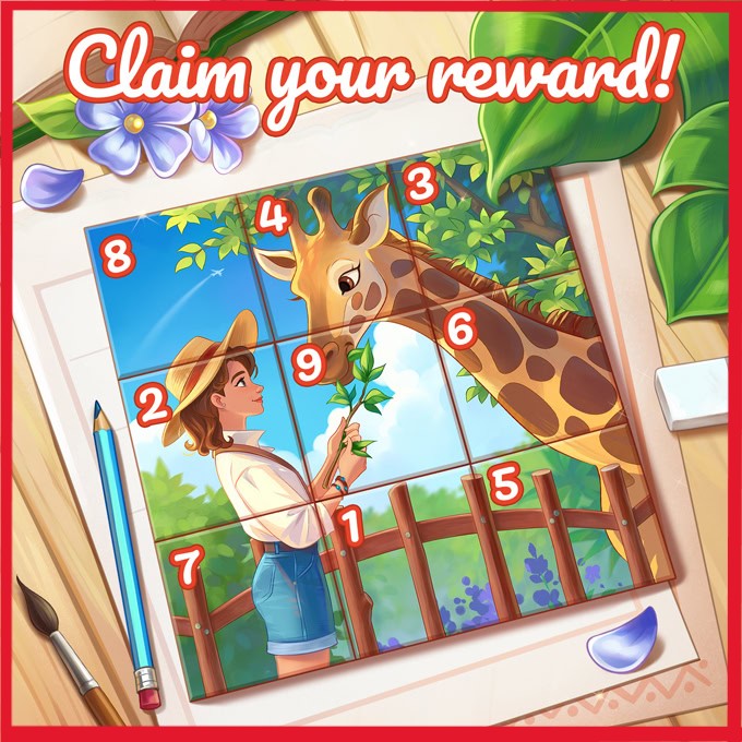 Illustrated giraffe and man on a numbered jigsaw picture surrounded by leaves and art tools