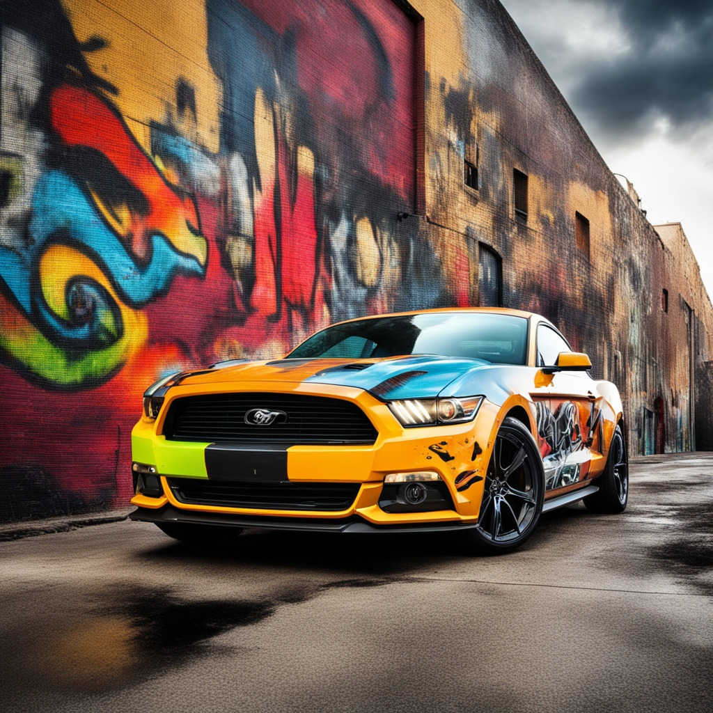 Orange Ford Mustang parked in front of vibrant graffiti wall on city street