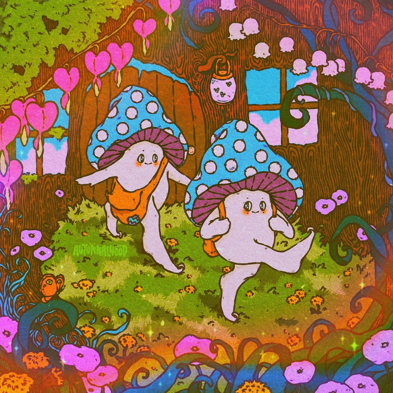 Two smiling cartoon mushroom characters with blue spotted caps in a whimsical forest scene with pink hearts and flowers