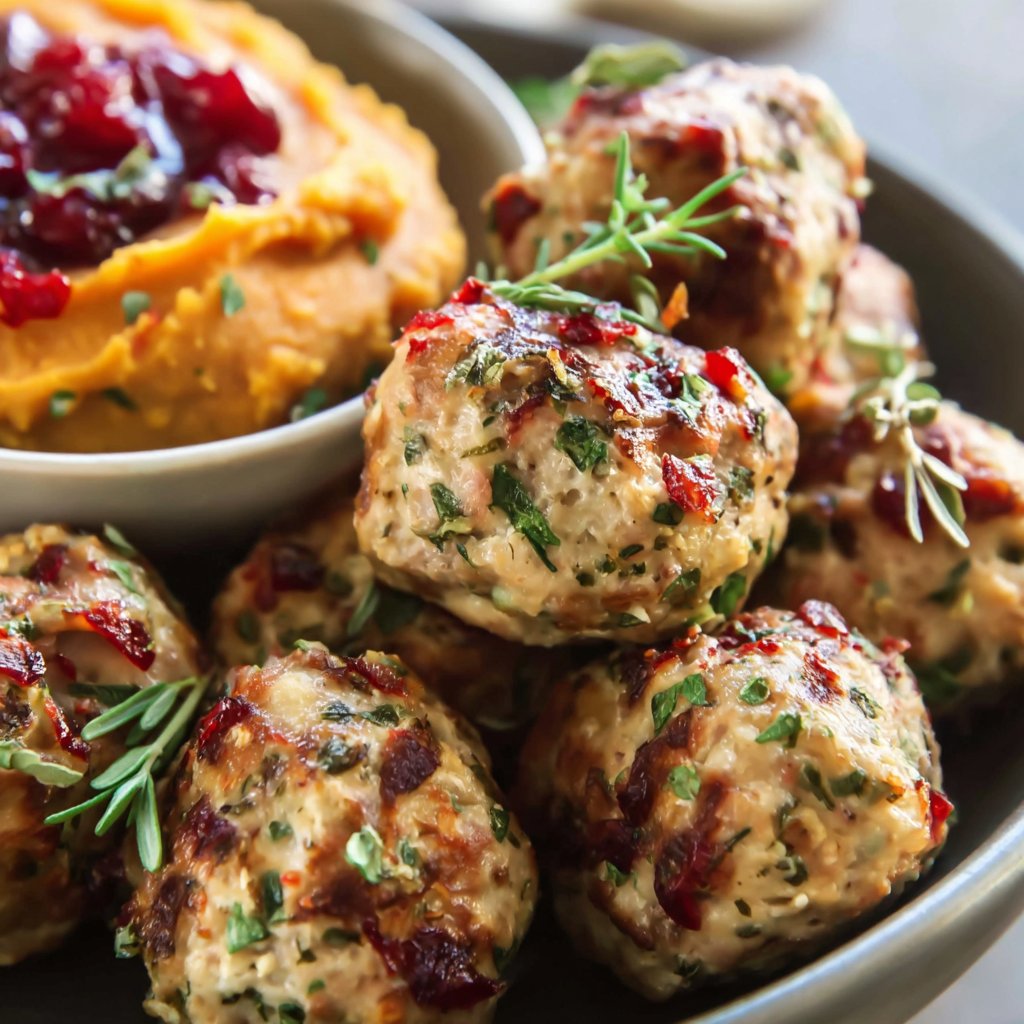 Close-up of browned turkey meatballs with herbs in a bowl beside cranberry sauce