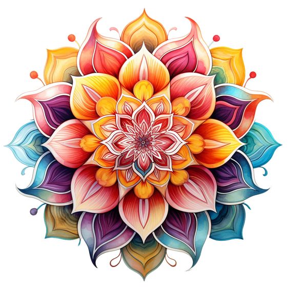 Colorful mandala with lotus petals in orange, pink, purple, and teal radiating from center