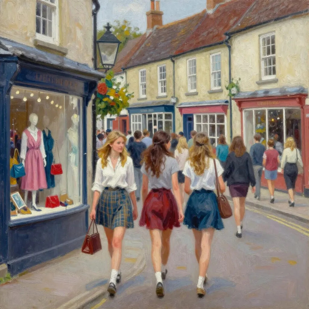 Three girls in skirts walking down a quaint village street with shops and pedestrians