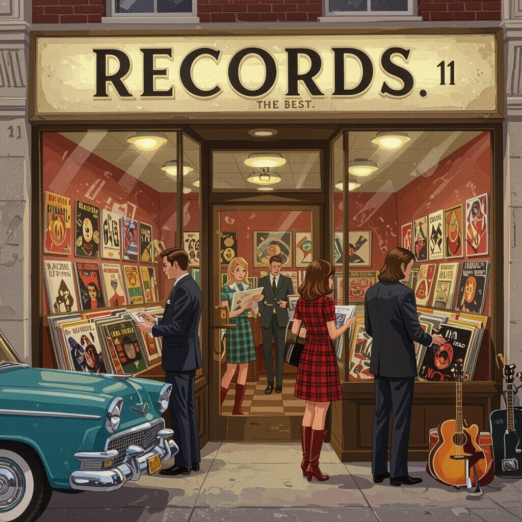 Illustration of a vintage record store with people browsing vinyl records on a city street