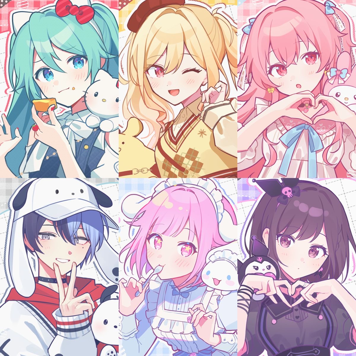 Six chibi anime girls with colorful hair and outfits, each holding cute animal companions in kawaii art style
