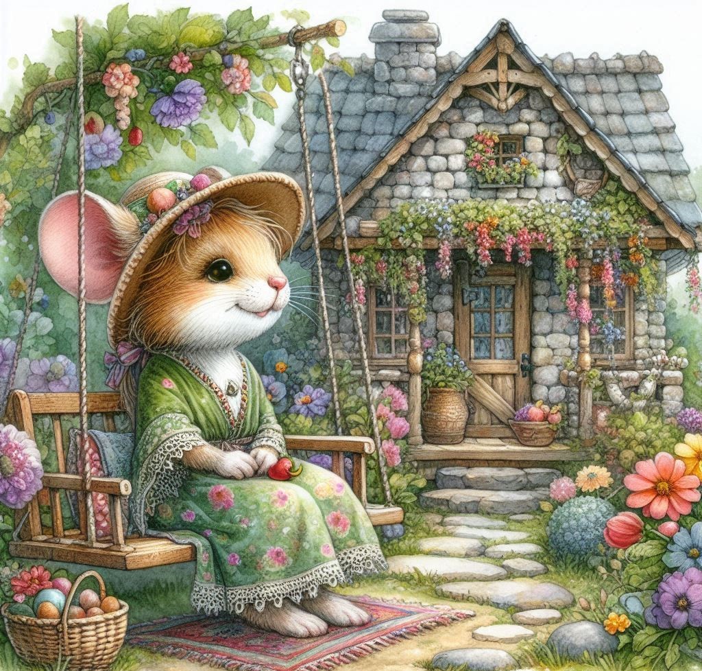 Illustrated white cat in a green dress on a swing in front of a flower-covered cottage