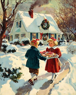 Two children in winter clothes sharing cookies outside a snow-covered cottage with Christmas wreath
