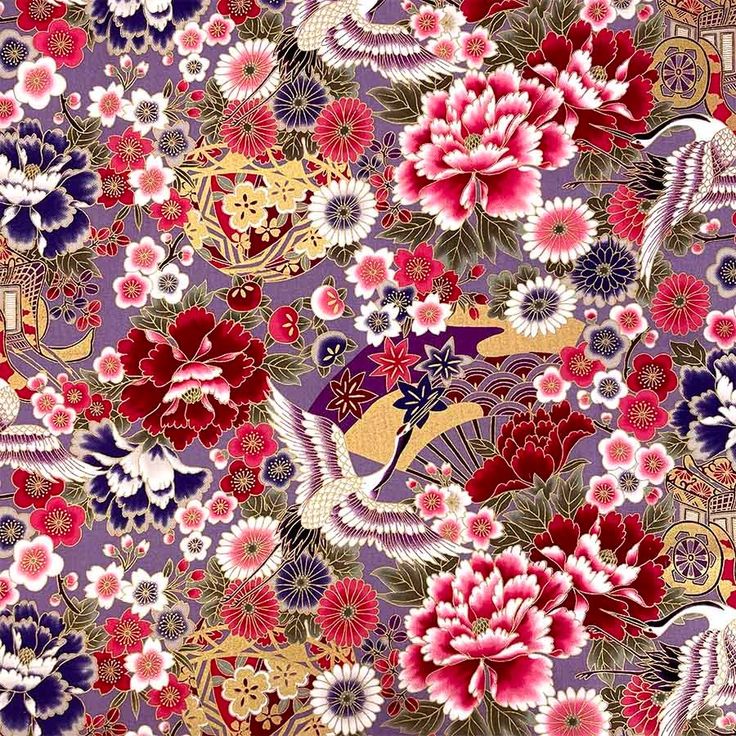 Dense Japanese floral fabric pattern with red chrysanthemums, cranes, and gold details on navy and burgundy background