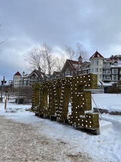Large lit-up letter sculptures in snow with colorful village buildings and bare trees in the background