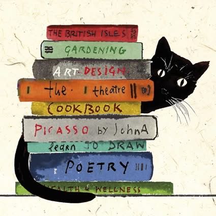 Black cat with wide eyes peering from behind stacked books with colorful spines