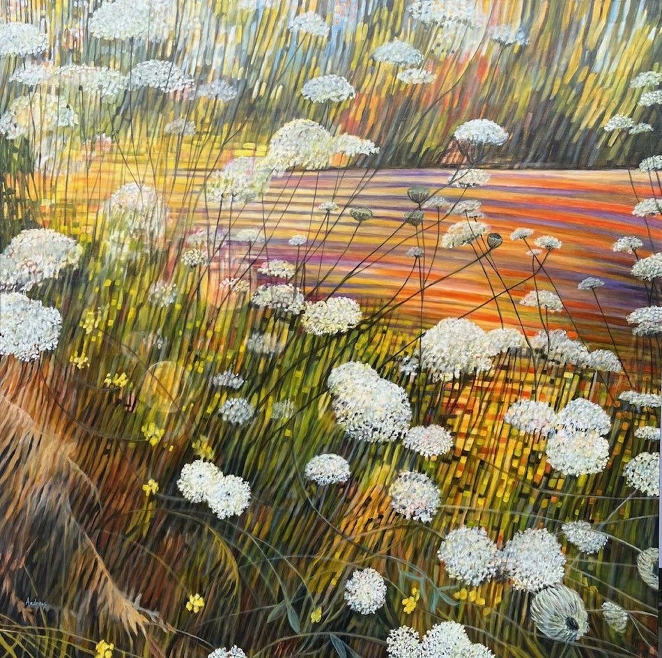 Abstract painting of white flowers in golden field with diagonal brushstrokes