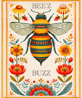 Folk art illustration of a striped bee with colorful flowers and the words BEE'Z BUZZ