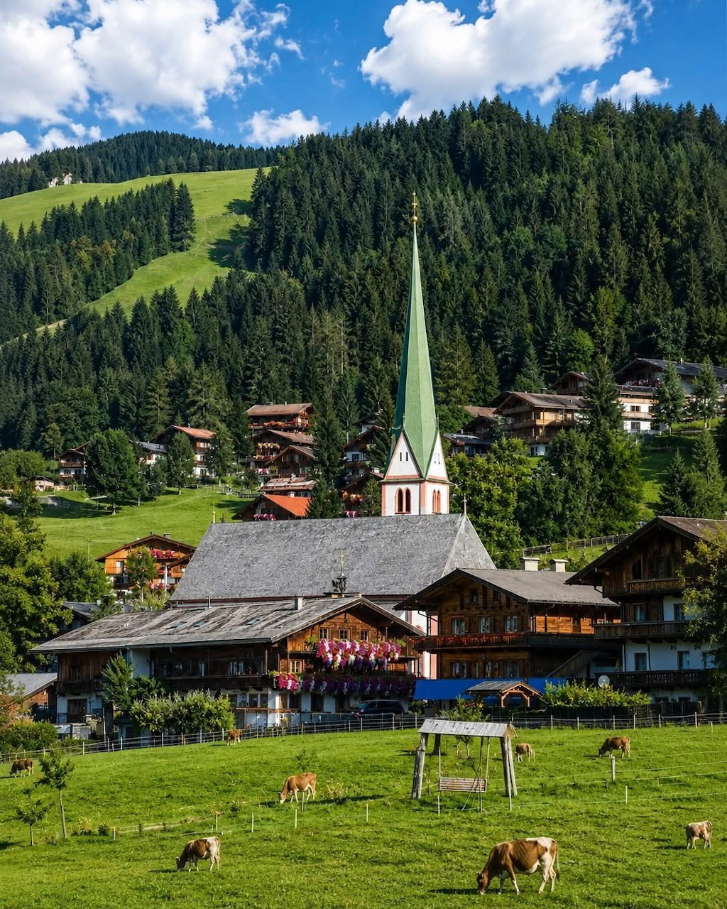 Cows grazing near an Alpine village church and wooden chalets beneath forested mountains.