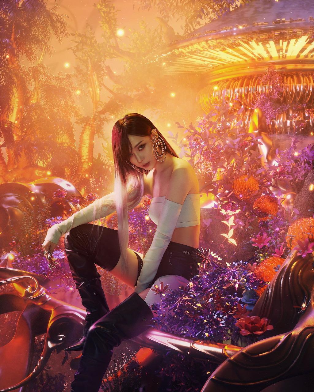Young woman in crop top and knee-high boots sitting in a glowing fantasy forest with giant mushrooms and purple flowers