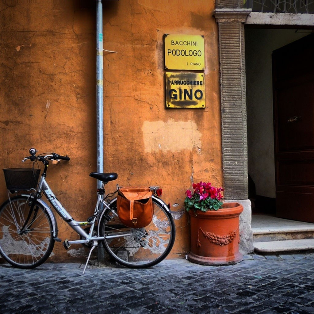Silver bicycle against a weathered orange wall beside a flower pot and doorway