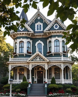 Grand teal Victorian mansion with ornate white trim, wraparound porch, and manicured flower gardens