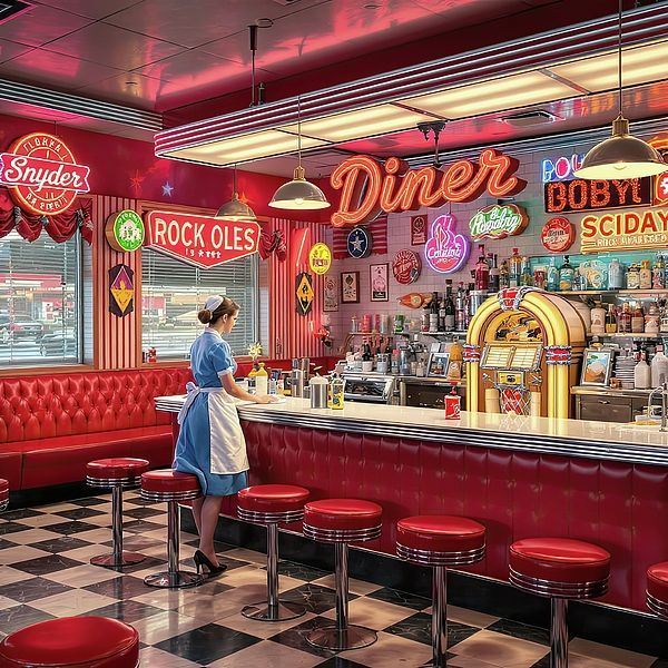 Retro 1950s diner interior with red stools, neon signs, jukebox, and waitress at the counter