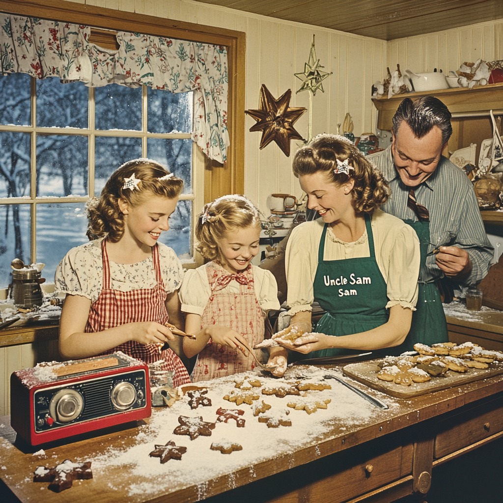 Vintage illustration of a family baking star-shaped cookies in a cozy kitchen